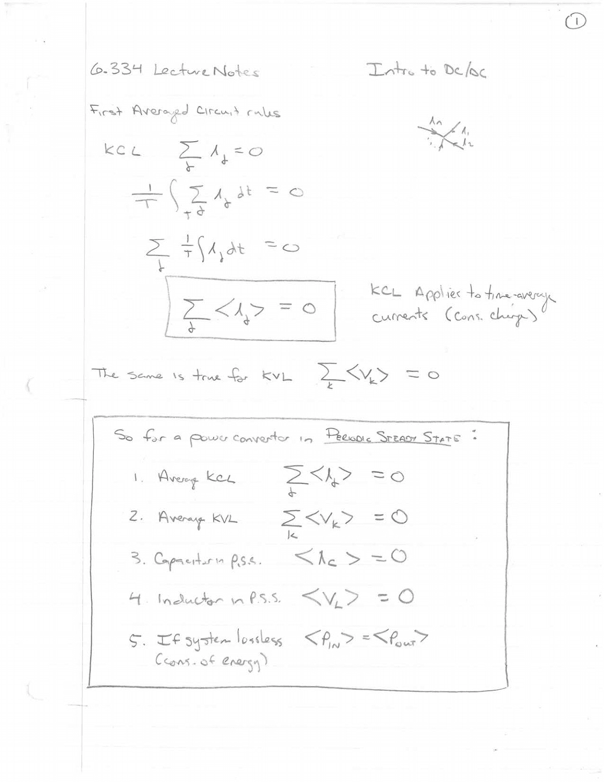 Photograph of a page of handwritten lecture notes for an MIT 6.334 power-electronics class. The page shows hand-drawn equations for Kirchhoff's Current Law, integrals defining time-averaged currents, a small node diagram of three branch currents meeting at a point, and a numbered boxed list of five rules for a power converter in periodic steady state.